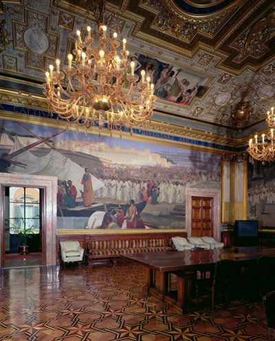 La Sala Maccari (riccamente decorata con stucco dorato e scene di storia romana, dettaglio di un pannello che raffigura un oratore davanti a una folla, 1882-88) da Cesare Maccari