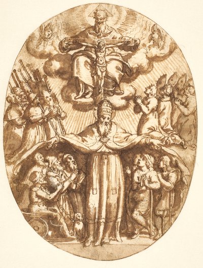 La Trinità con membri di una confraternita e un papa come protettore degli infermi. Composizione ovale da Cesare Nebbia