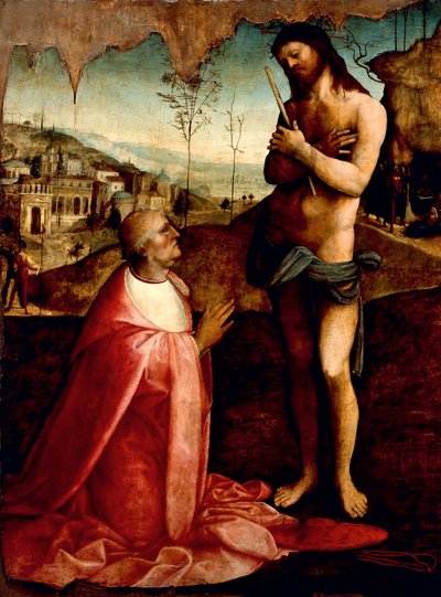 Cristo sofferente e cardinale Oliviero Carafa in preghiera da Cesare da Sesto