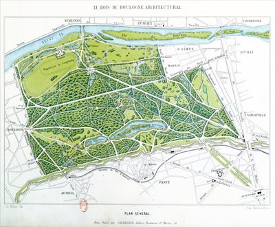 Piano del Bois de Boulogne a Parigi, pubblicato da Caudrilier da Ch. Walter