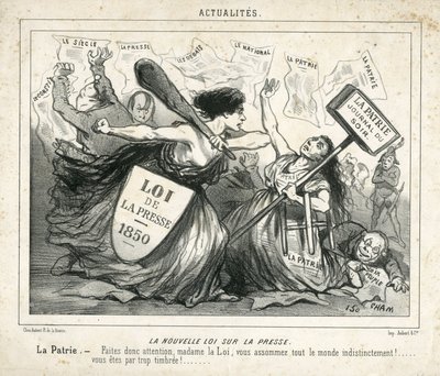 Illustrazione di Cham (1819-1879) in Le Charivari, circa 1850-4-3 - La nuova legge sulla stampa - Censura, Stampa/Media, Legge - Proudhon Pierre-Joseph (1809-1965), Girardin Emile de (1806-1881) - Allegoria da Amédée de Noé