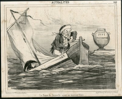 Illustrazione di Cham (1819-1879) in Le Charivari, circa 1850 - Il Principe di Joinville con un cattivo pilota - Elezioni, Presidente della Repubblica, Marina Marittima Nautica Balneare - Thiers Adolphe, François d