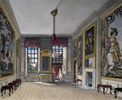 Sala delle udienze della Regina, incisione di William James Bennett (1787-1844), basata sul progetto di Charles Wild (1781-1835), da The History of the Royal Residences da Charles (after) Wild
