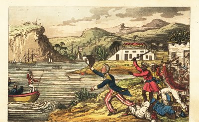 Ufficiale della Marina inglese fugge da un piantatore Massa arrabbiato e uomini schiavi Quashee brandendo bastoni in Giamaica da Charles (c.1797 1850) (after) Williams