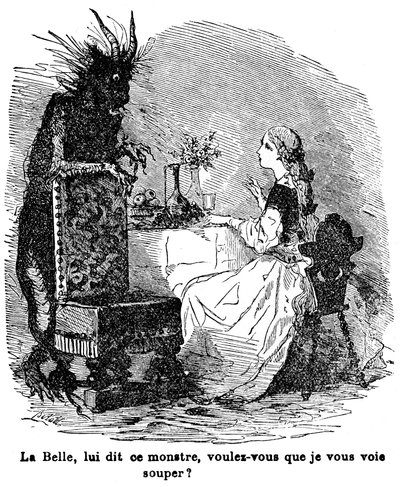 Illustrazione per il racconto di Madame Jeanne Marie Leprince de Beaumont "La Bella e la Bestia", XIX secolo da Charles Albert dArnoux Bertall