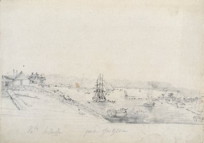 A destra, il campo dei francesi della spedizione Baudin a Bennelong Point, a sinistra, Sydney, casa di Nicolas Bayley - matita e inchiostro di Charles Alexandre Lesueur da Charles Alexandre Lesueur