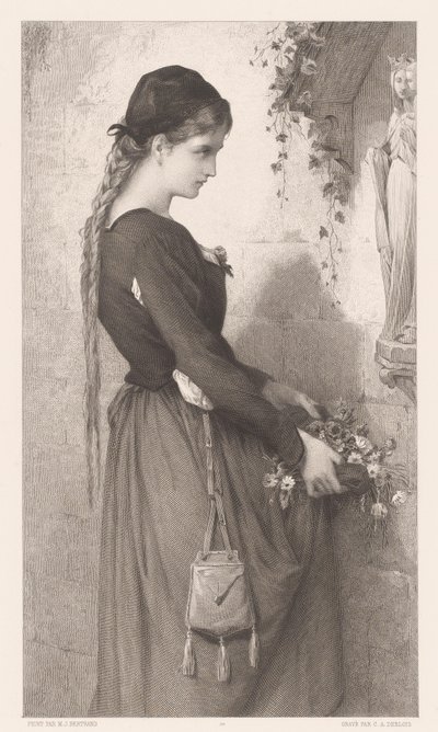 Giovane donna porta fiori a una nicchia con statua della Madonna da Charles Alphonse Deblois