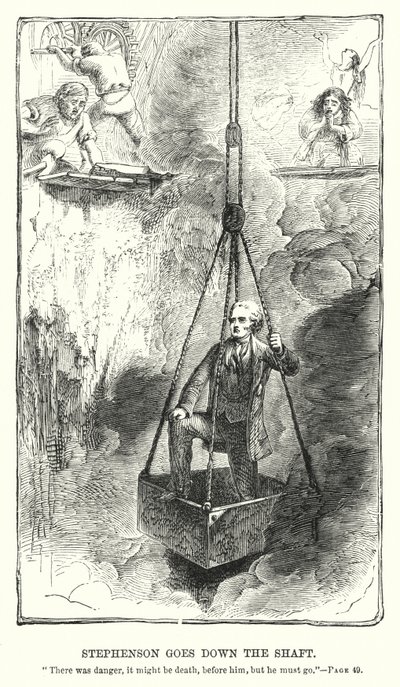 Stephenson scende nel pozzo (incisione) da Charles Altamont Doyle