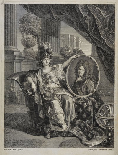 Luigi XIV (1638-1715), Re di Francia, Protettore delle Scienze - incisione di Antoine Coypel in 