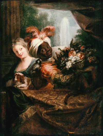 Giovane uomo di colore che tiene un cesto di frutta e una giovane ragazza che accarezza un cane da Charles Antoine Coypel