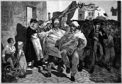 Servizio militare: il sorteggio in Borgogna, coscritti vicino a Mâcon. Incisione di Montbart in "Il mondo illustrato" n.1299 del 18 febbraio 1882 da Charles Auguste Loye