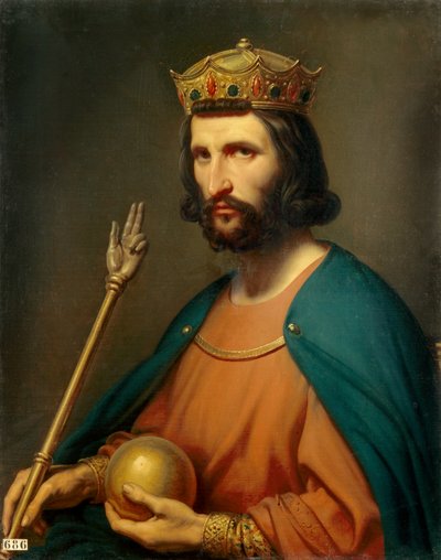 Ritratto di Ugo Capeto (941-996) re di Francia nel 987 con in mano un globo e uno scettro, simboli del potere da Charles Auguste Steuben