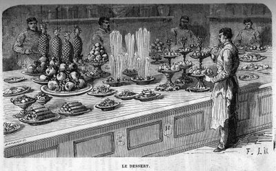 Cucine del Palazzo delle Tuileries: Preparazione dei dessert durante una ricezione sotto il Secondo Impero. Incisione di Barbant da Charles Barbant