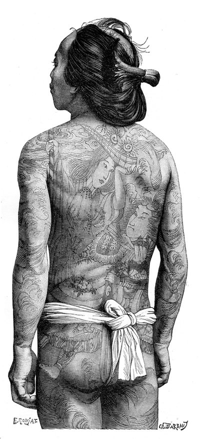 Uomo giapponese con schiena tatuata da Charles Barbant