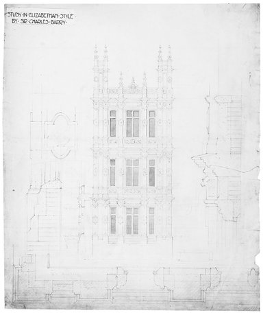 Studio in stile elisabettiano, disegno per le Case del Parlamento, c.1836-40 da Charles Barry