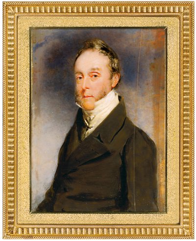 George Hay Hawkins Pennant in cappotto marrone, gilet bianco e camicia bianca a collo alto, Camden Town, Londra, 1864 da Charles Basebe