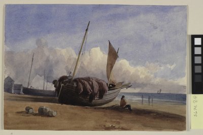 Barca da pesca arenata con pescatore seduto da Charles Bentley