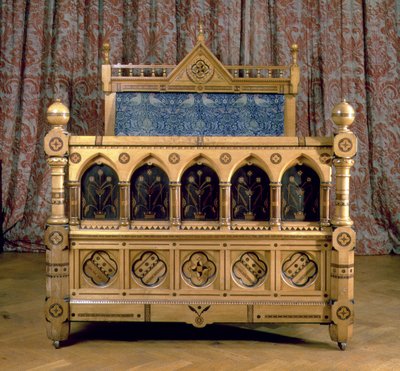 Letto intarsiato in stile gotico con testiera imbottita, realizzato da Marsh & Jones, c.1866 da Charles Bevan