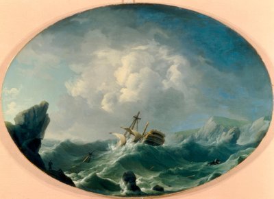 Una nave da guerra britannica in mari agitati al largo di una costa rocciosa da Charles Brooking
