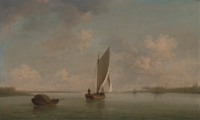 Una barca a vela in una leggera brezza in un fiume da Charles Brooking