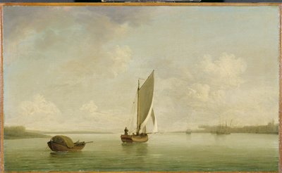 Una barca a vela in una leggera brezza in un fiume, c.1756-9 da Charles Brooking