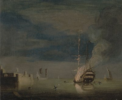 Un due ponti in fiamme di notte al largo di un forte da Charles Brooking