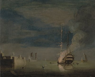 Un due ponti in fiamme di notte vicino a un forte da Charles Brooking