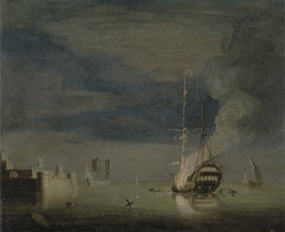 Un Due-Ponti in Fiamme di Notte vicino a un Forte, c.1740 da Charles Brooking