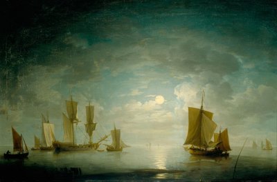 Una fregata inglese e imbarcazioni costiere calme al chiaro di luna da Charles Brooking