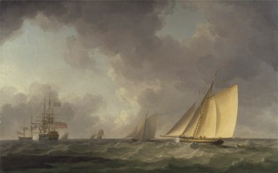 Cutter con vele tese in una brezza fresca, con altre navi da Charles Brooking