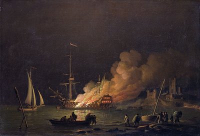Nave in fiamme di notte, c.1756 da Charles Brooking