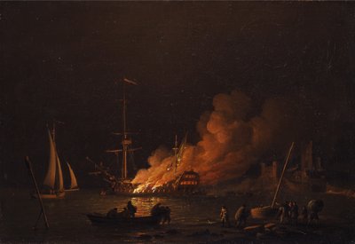 Nave in fiamme di notte da Charles Brooking