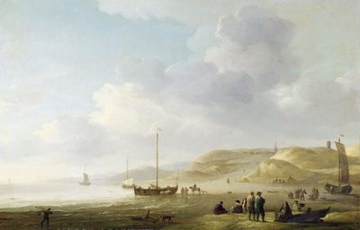 La costa vicino a Scheveningen con barche da pesca sulla riva da Charles Brooking