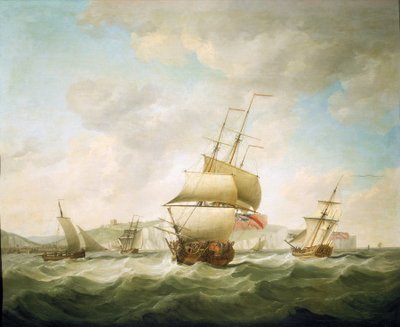 Nave mercantile e yacht reale battuti dal vento, al largo della costa di Dover (Inghilterra), intorno al 1750, di Charles Brooking (1723-1759) da Charles Brooking