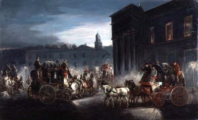 La carrozza postale di Edimburgo e altre carrozze in una strada illuminata a lampioni da Charles Cooper Henderson