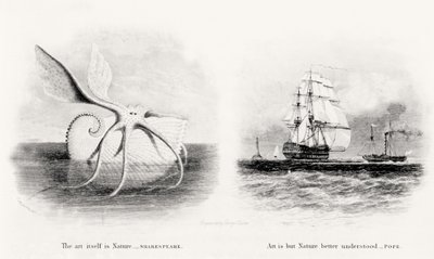 Un calamaro gigante e due navi in mare, inciso da George Cooke (1781-1834) da Charles Curtis
