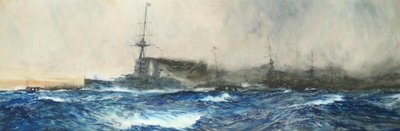 La HMS Iron Duke alla testa delle altre navi capitali della flotta da Charles Dixon