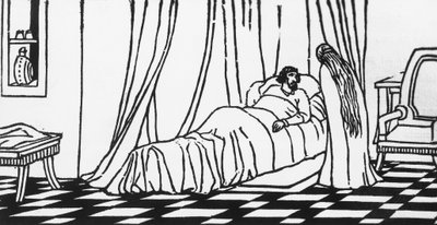 Melisande in visita a Golaud, che giace a letto dopo essere caduto da cavallo, xilografia di Charles Doudelet per Pelleas e Melisande di Maurice Maeterlinck, pubblicato da Claudio Argentieri, Spoleto, Italia da Charles Doudelet