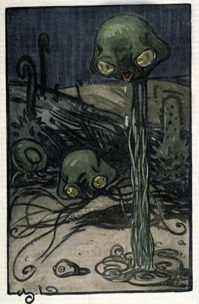 Un abitante del pianeta Marte. Illustrazione di M. Dudouyt per il romanzo di Herbert George Wells "La guerra dei mondi" da Charles Dudouyt
