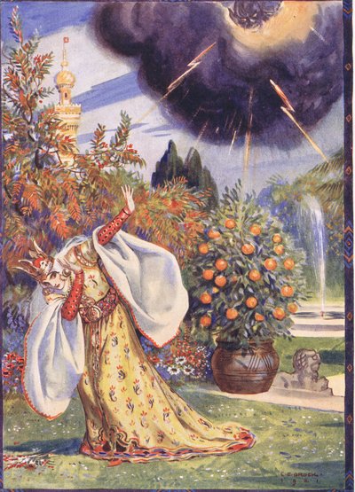Apparve una nuvola densa da cui uscivano fulmini, scena da Sucna Murga in Storie per bambini dalle leggende rumene di Moses Gaster (1856-1939) 1921 da Charles Edmund Brock