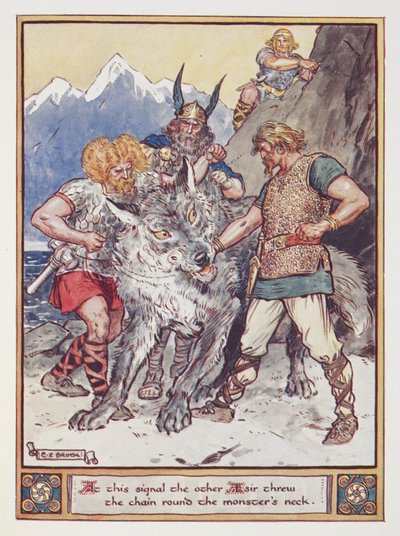 Al segnale gli altri Esir gettarono la catena intorno al collo del mostro. Tyr promette la sua mano per incatenare il lupo Fenrir, illustrazione da 