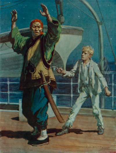 Ragazzo che tiene un pirata cinese sotto tiro, scena da Hai Ping il Pirata da Charles Edmund Brock