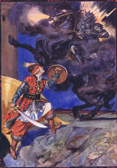 Sono venuto a combatterti, ladro del mio amato, scena da Sucna Murga in Storie per bambini dalle leggende rumene di Moses Gaster (1856-1939) 1921 da Charles Edmund Brock