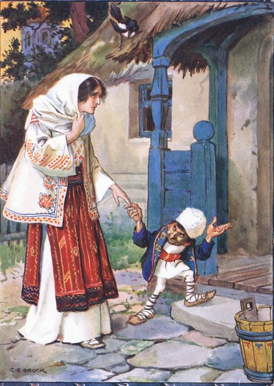 Il fratellino Bit portò la sua bella sposa nella casa che aveva costruito per lei, scena da Fratellino Bit in Storie per bambini dalle leggende rumene di Moses Gaster (1856-1939) 1921 da Charles Edmund Brock