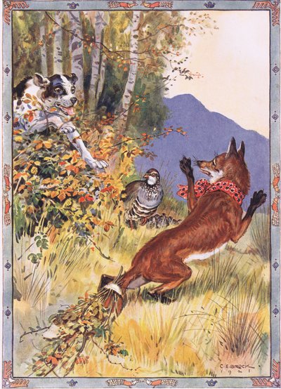 Dai cespugli saltò fuori il cane, scena da La storia della pernice, la volpe e il segugio in Storie per bambini dalle leggende rumene di Moses Gaster (1856-1939) 1921 da Charles Edmund Brock