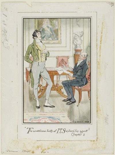 "Le sgradite allusioni di Mr. Shepherd, il suo agente", capitolo I", frontespizio di Persuasione di Jane Austen. da Charles Edmund Brock