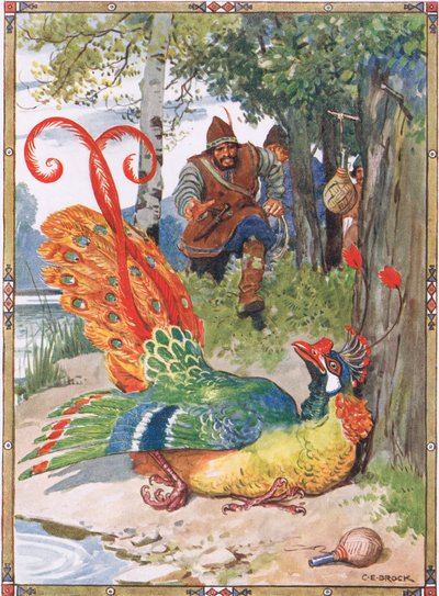 Quando cercò di volare trovò le sue ali troppo pesanti, scena da Il cavaliere dei fiori in Storie per bambini dalle leggende rumene di Moses Gaster (1856-1939) 1921 da Charles Edmund Brock