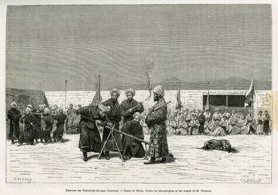 Esercizi di manipolazione dei fucili Taifourchi, truppe armate e addestrate dai militari cinesi, disegno di Delort, per illustrare i ricordi di un