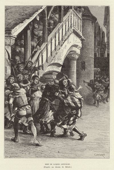 Morte di Jacques Artevelde. Morte del mercante fiammingo e leader politico Jacob van Artevelde per mano di una folla, Gand da Charles Edouard Delort