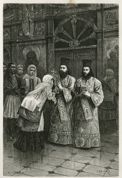Sacerdoti che danno a baciare le immagini sacre, incisione di Ch. Delort, per illustrare il viaggio di Henri Belle in Grecia nel 1861, 1868 e 1874, pubblicato in Le tour du monde, sotto la direzione di Edouard Charton da Charles Edouard Delort